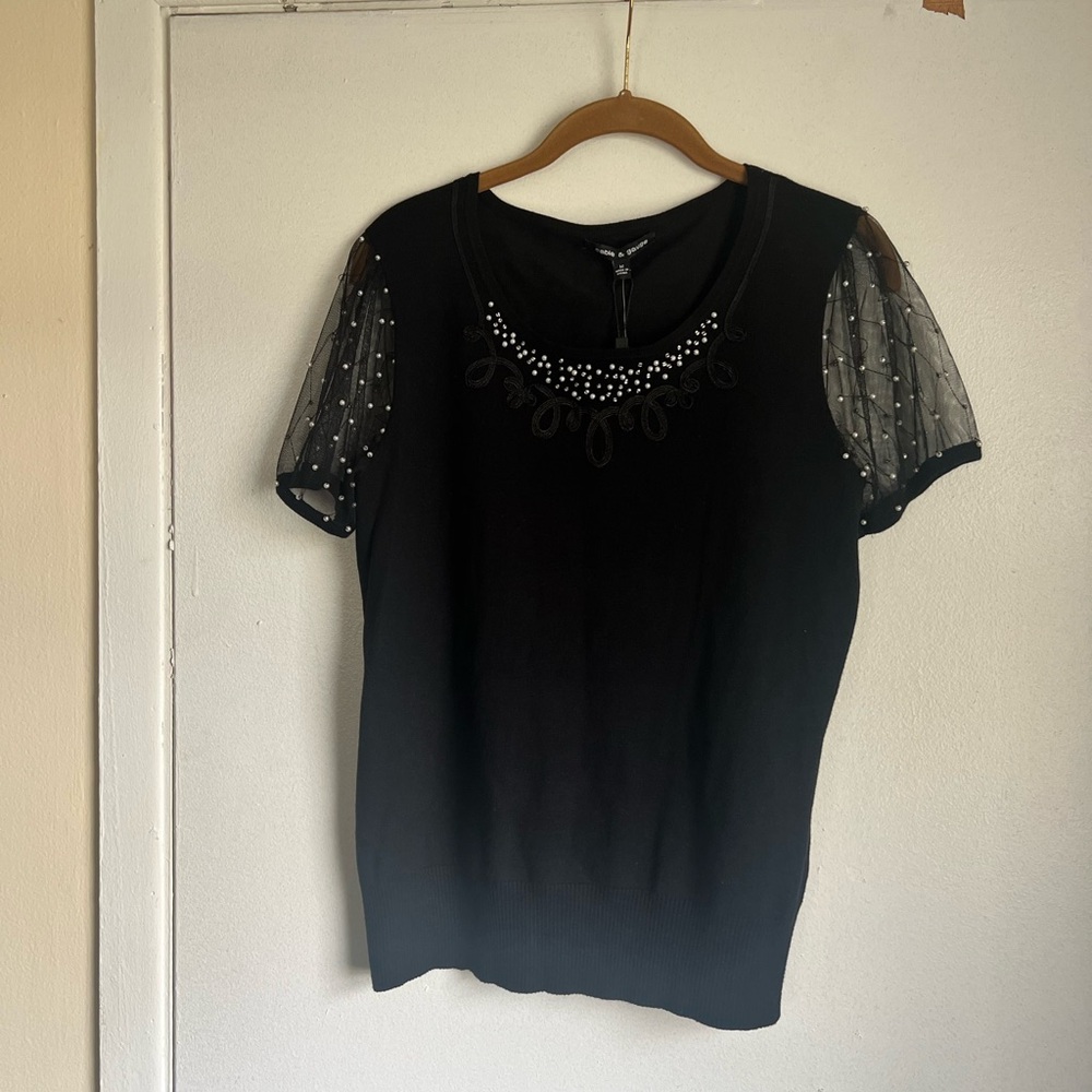 Cable & Gauge Black Top with Beaded Sheer Sleeves Size Medium Career Staple Work